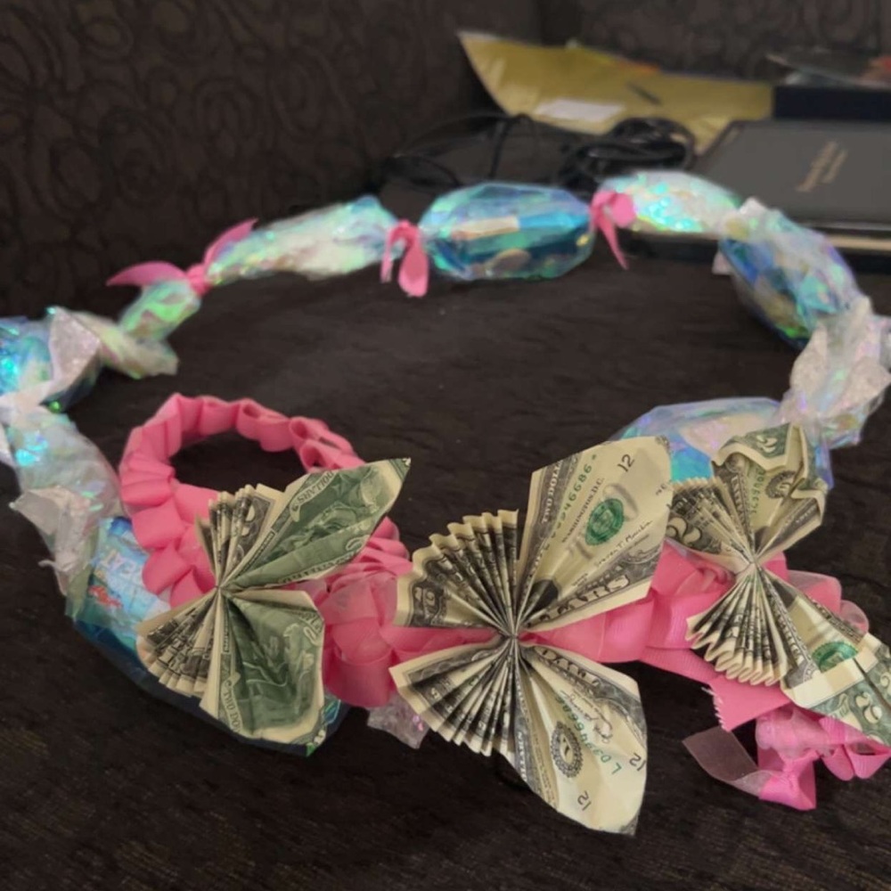 Pink Money lei/ rice krispy lei